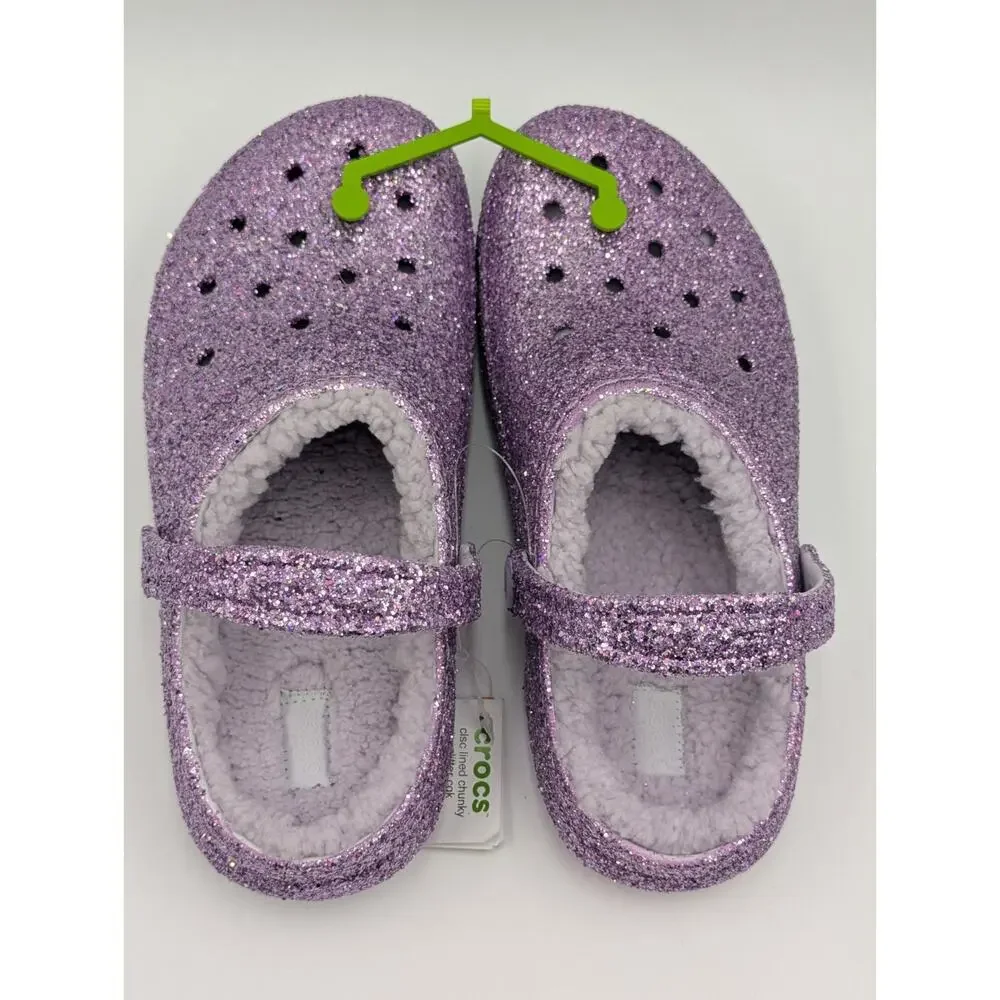 Crocs Kids Girls Size J5 Classic Lined Chunky Glitter Purple Fuzzy Sparkly Clogs